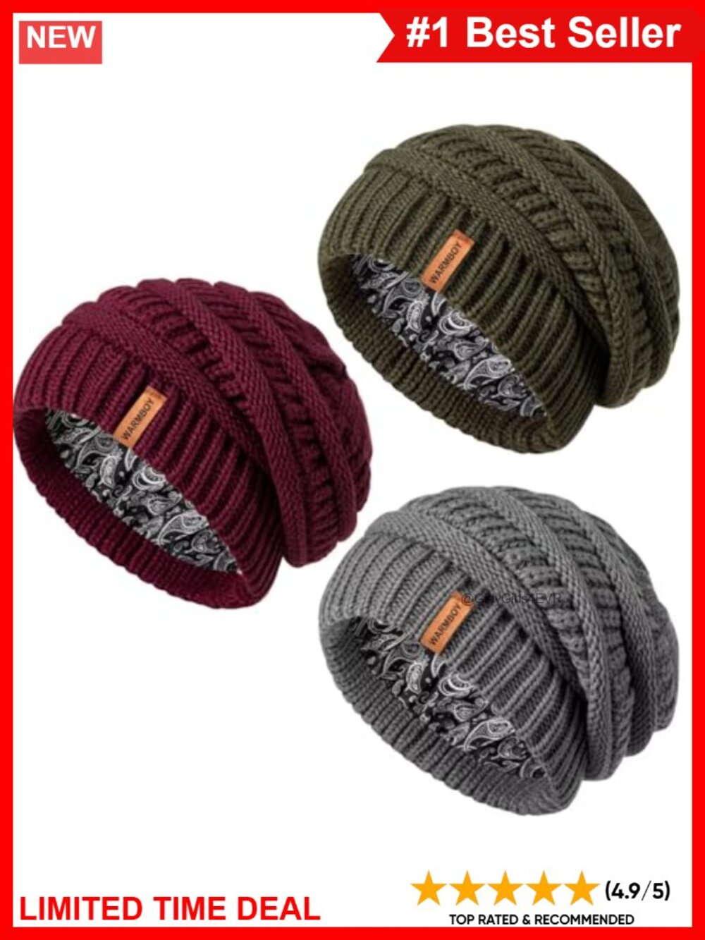 3 Pack Satin Lined Cable Knit Chunky Slouchy Beanie Hats